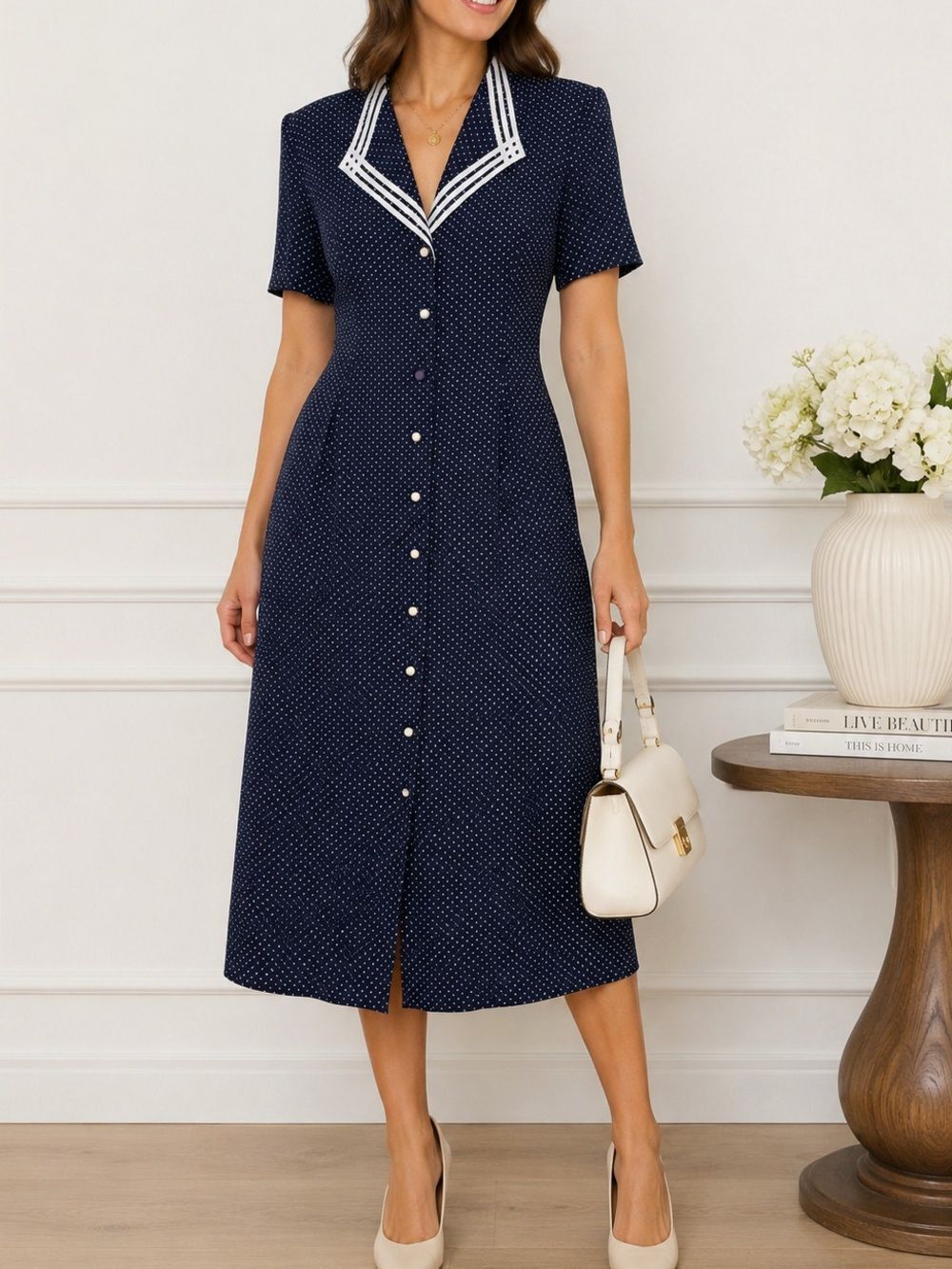 Miss Dorby Navy Polka Dot Midi Dress Sailor Collar Button Front Size 18 Vintage